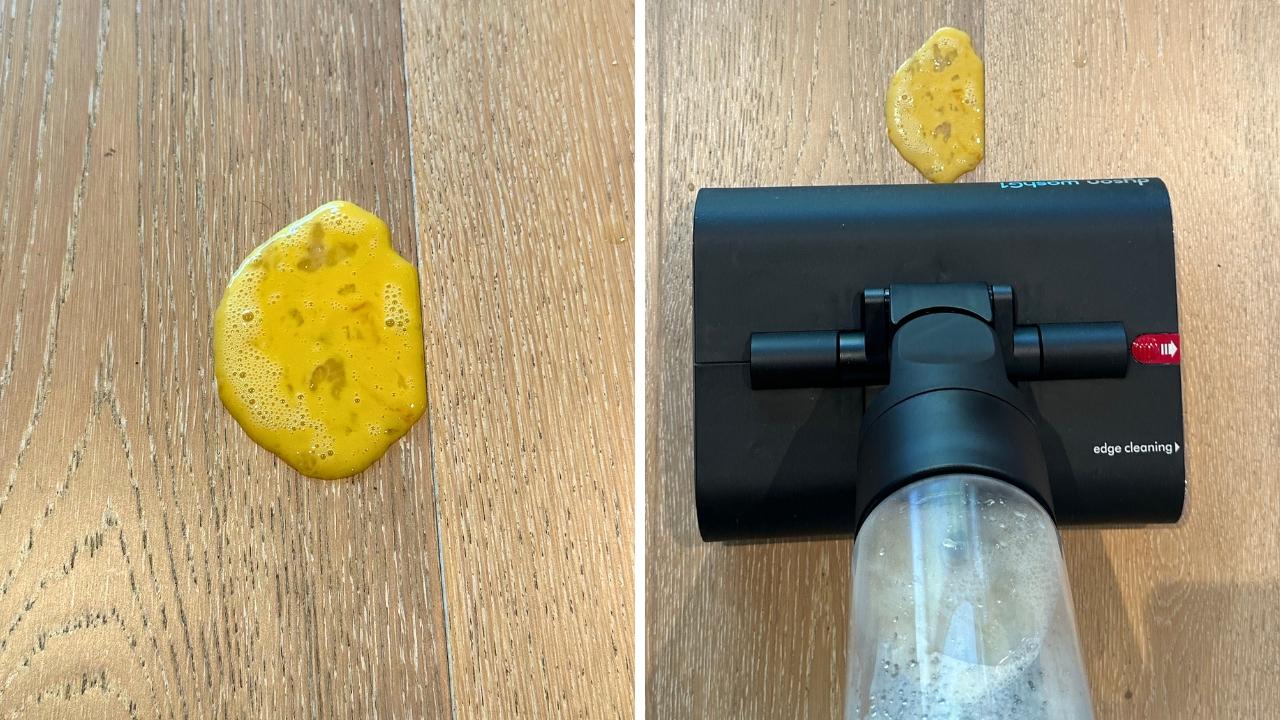 I tested the Dyson Wash on picking up a raw egg – apparently egg whites can strip wooden floor boards – with one pass it picked up the whole thing. Picture: news.com.au/Claudia Coy