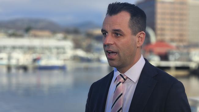 Labor shadow treasurer Josh Willie speaks to the media on the Hobart waterfront on Tuesday June 4, 2024.