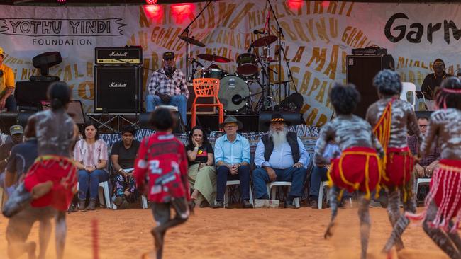 Prime Minister of Australia Anthony Albanese, Sen Patrick Dodson and MP Lindsey Burney at Bungul during Garma Festival 2022. Picture: Tamati Smith/Getty Images