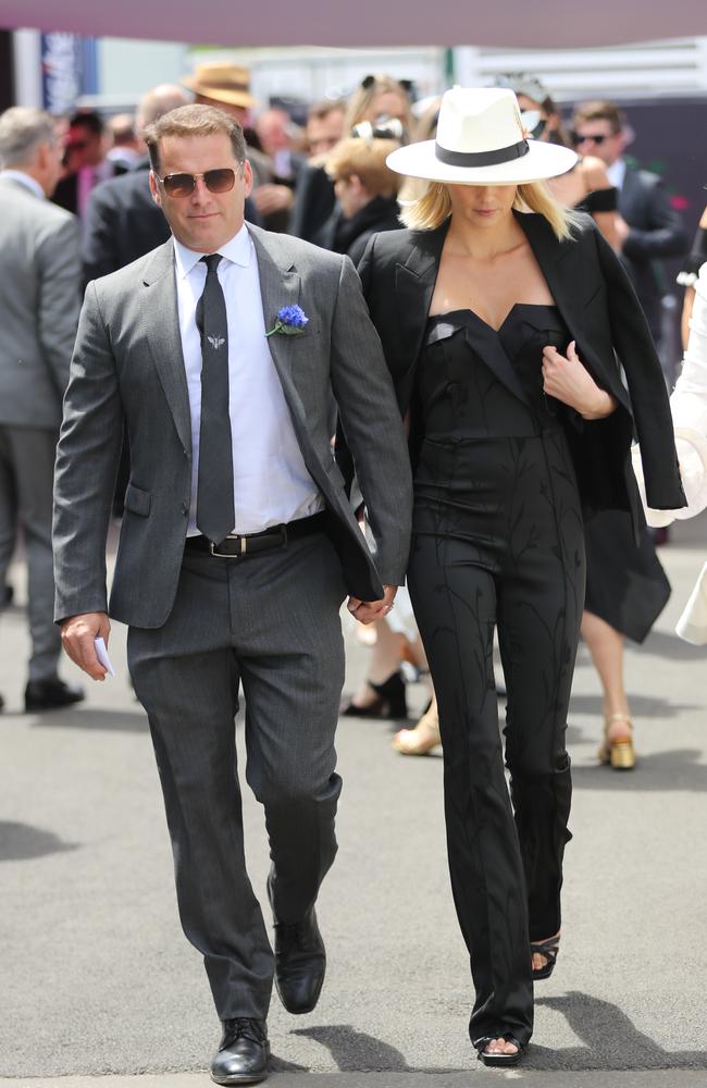 Karl Stefanovic and Jasmine Yarbrough stepping out at Flemington. Picture: Alex Coppel.