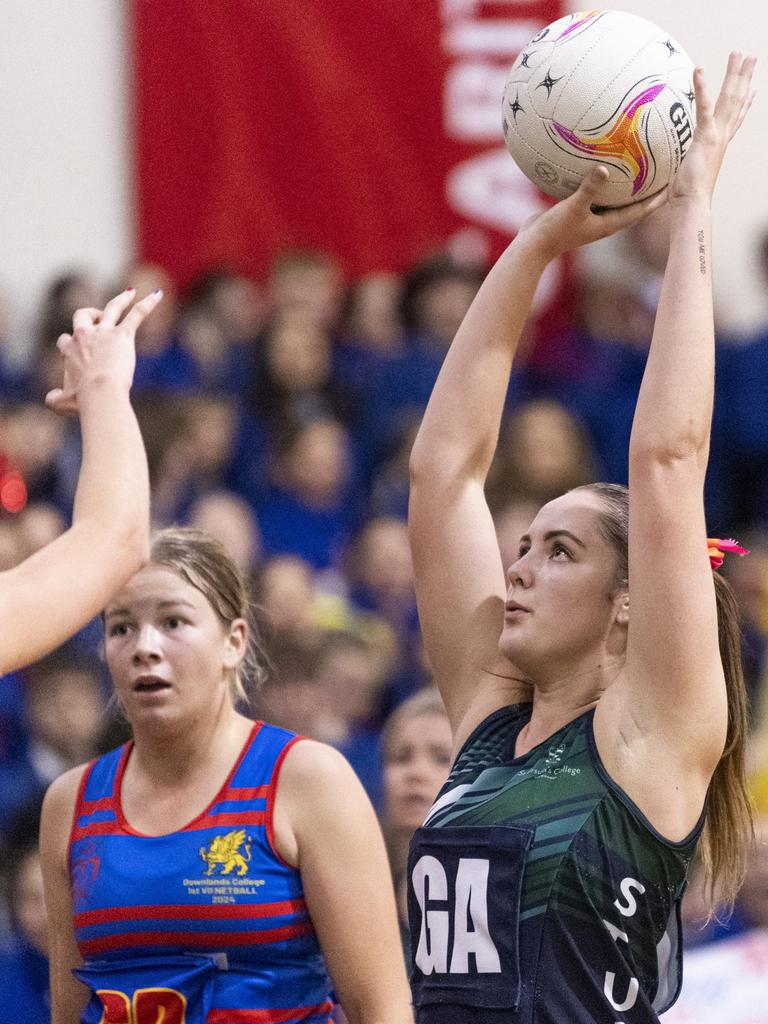 Mikayla O'Neill of St Ursula's Senior A against Downlands First VII in Merici-Chevalier Cup netball at Salo Centre, Friday, July 19, 2024. Picture: Kevin Farmer