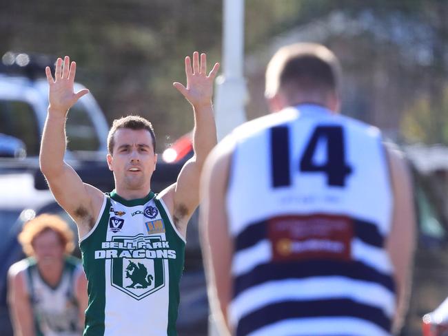 Football GFL: Bell Park v LaraBell Park 14 Lachlan Patten on the mark for a Lara 14 Mitchell Day goal kick Picture: Mark Wilson