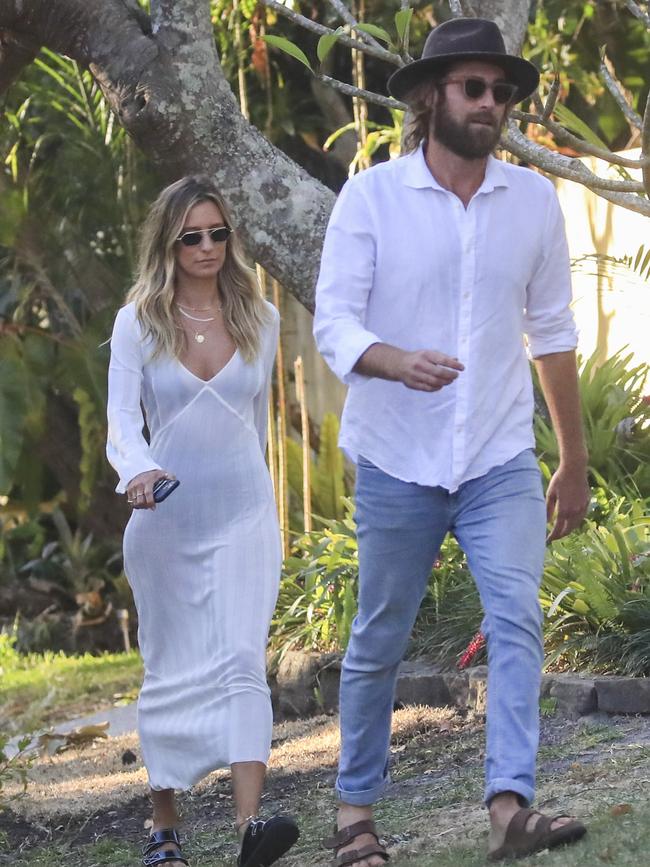 Renee Bargh and partner arrive at party. Pictures: Media Mode