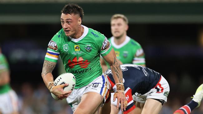 Charnze Nicoll-Klokstad on the burst for the Raiders. Picture: Cameron Spencer/Getty Images