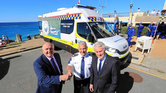 NSW Police Minister David Elliott, NSW Marine Rescue Commissioner Stacey Tannos and Tweed MP Geoff Provest with the new $200,000 mobile incident vehicle. Picture: Scott Powick