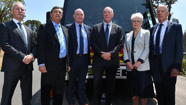 Greg Mullins, left, Lee Johnson, Peter Dunn, Mike Brown, Naomi Brown and Craig Lapsley in Sydney on Tuesday. Picture: AAP