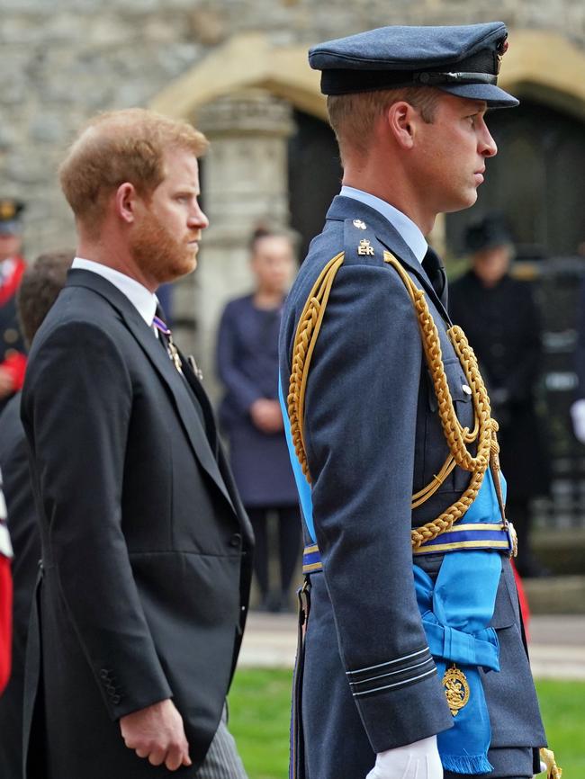 The Duke of Sussex always a step behind his older brother Prince William, as seen here following the coffin of their grandmother Queen Elizabeth II. Picture: Getty