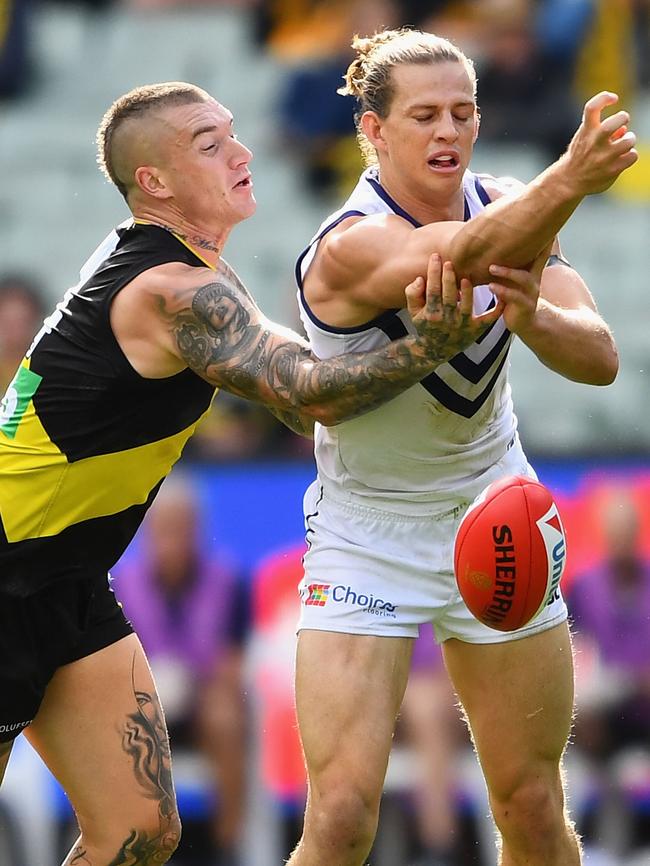 Dustin Martin might be hanging this year’s Brownlow around Nat Fyfe ‘s neck. Pic: Getty Images