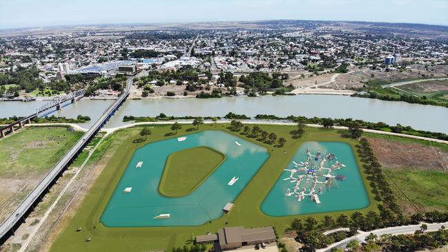 The park will consist of two lakes, one for wakeboarding/waterskiing while the other features inflatable slides.