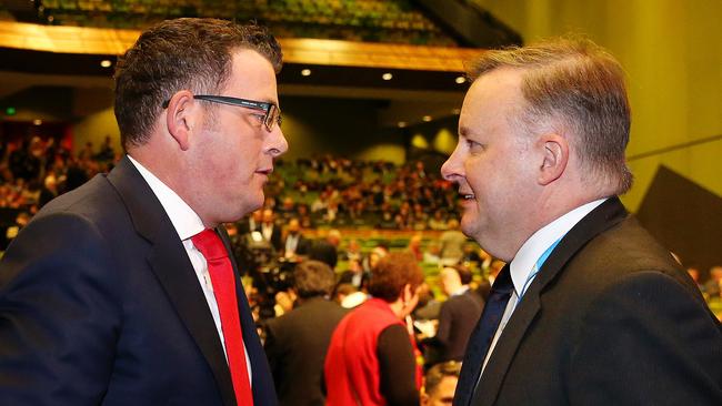 Daniel Andrews and Anthony Albanese have discussed whether Mr Somyurek should be expelled from the party. Picture: Mark Stewart