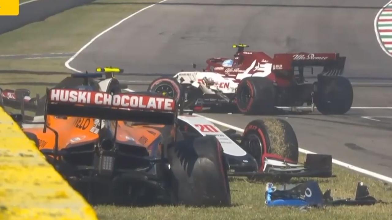 Five cars were taken out in a chaotic rolling start.