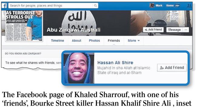 The Facebook page of Khaled Sharrouf, with one of his ‘friends’, Bourke Street killer Hassan Khalif Shire Ali , inset