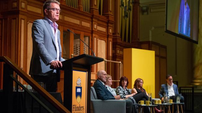 Flinders University Vice-Chancellor Colin Stirling addresses the Adelaide Town Hall audience during this week’s final Fearless Conversations seminar. Picture: Supplied