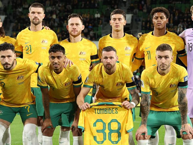 PERTH, AUSTRALIA - JUNE 11: The Australian starting eleven pose during the Second Round FIFA World Cup 2026 Qualifier match between Australia Socceroos and Palestine at HBF Park on June 11, 2024 in Perth, Australia. (Photo by Paul Kane/Getty Images)