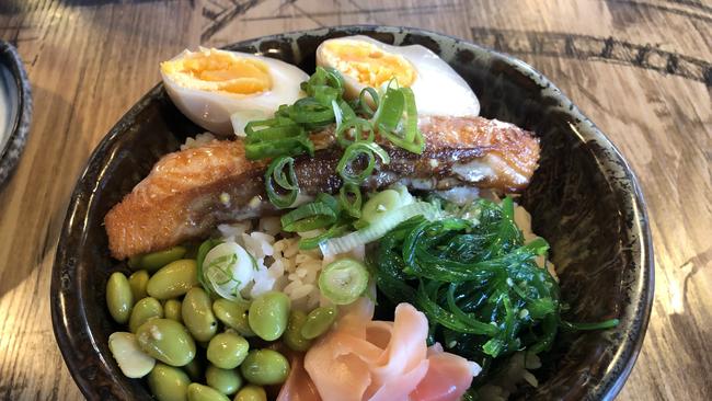 Pan seared salmon with salted egg sauce at The Donburi House, Adelaide.