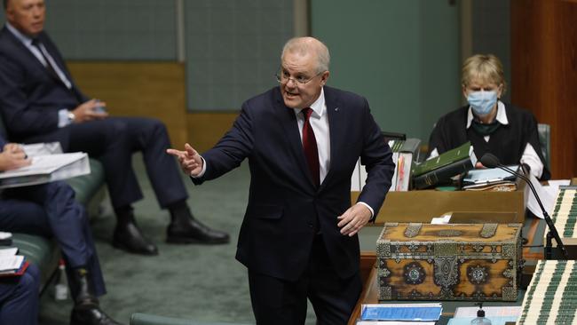 Prime Minister Scott Morrison during Question Time at Parliament House in Canberra. Picture: Sean Davey.