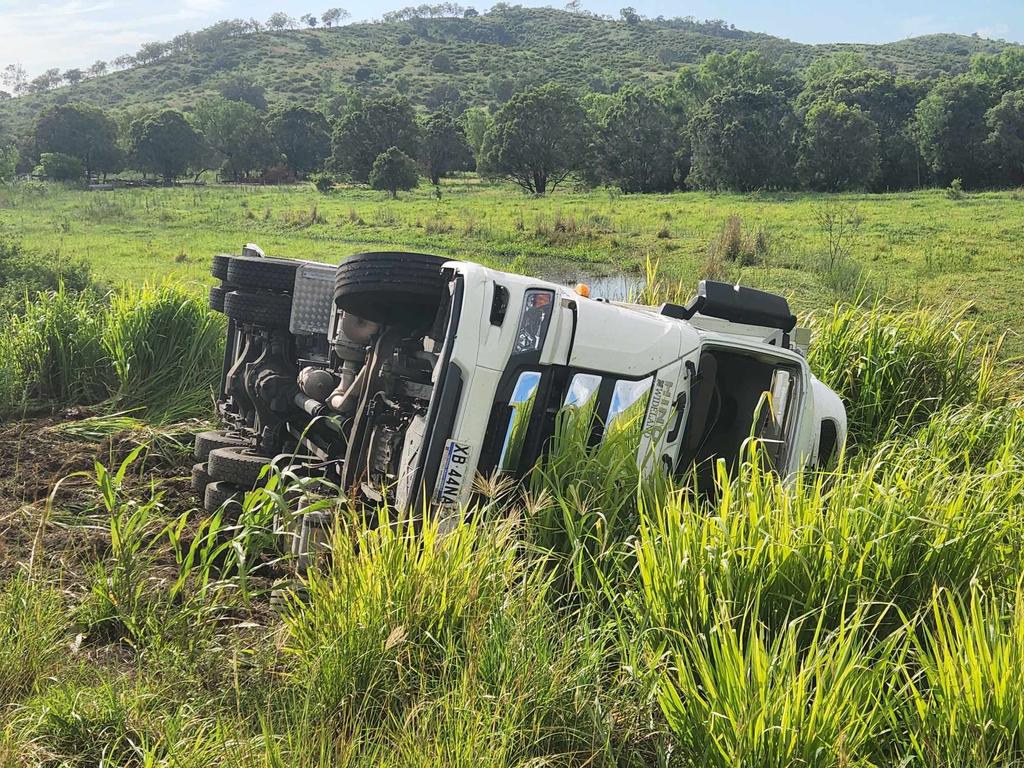 A truck rolled on the Bruce Highway near Marmor this morning. Supplied: Darryn Nufer