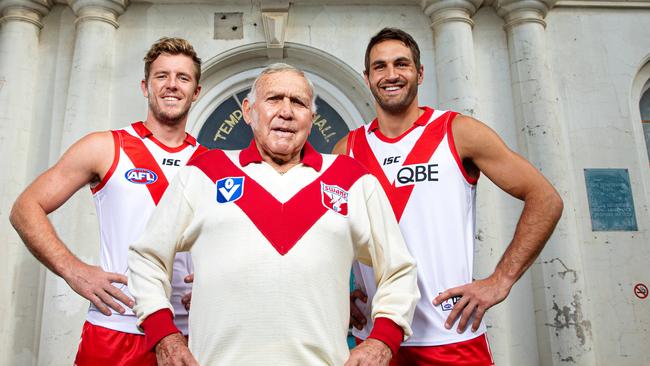 Bob Skilton with current-day Swans Luke Parker and Josh Kennedy.