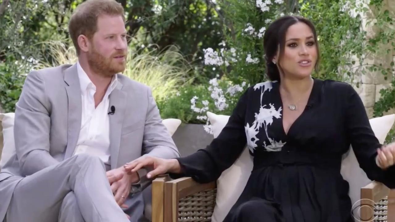 Harry and Meghan during their explosive interview with Oprah Winfrey. Picture: CBS