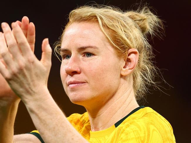 BRISBANE, AUSTRALIA - NOVEMBER 28: Clare Polkinghorne of Australia applauds the fans after her final appearance for Australia and the team's defeat in the International Friendly match between the Matildas and Brazil at Suncorp Stadium on November 28, 2024 in Brisbane, Australia. (Photo by Chris Hyde/Getty Images)