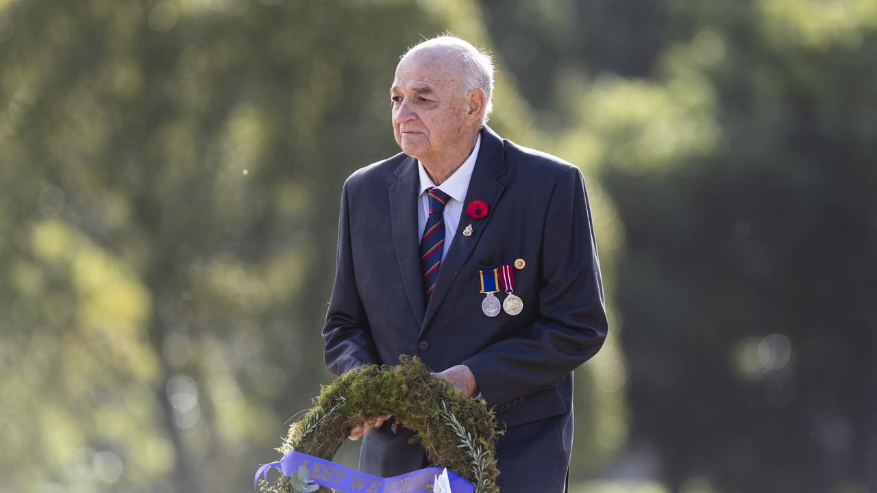 Allan Jones on behalf of TOMNET at the Citizens' Wreath Laying Ceremony on Anzac Day at the Mothers' Memorial, Tuesday, April 25, 2023. Picture: Kevin Farmer