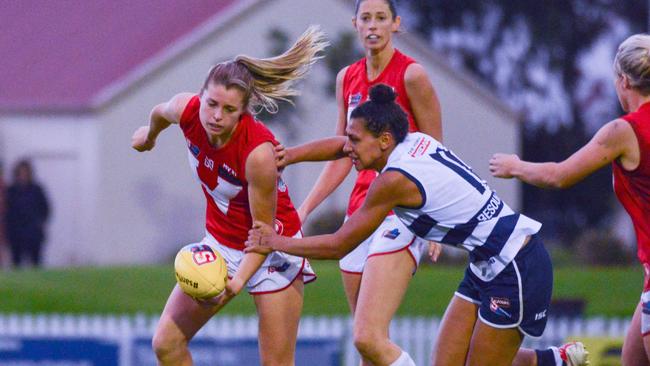 Nadia Von Bertouch gets a handball away during the SANFLW grand final against South Adelaide last month. Picture: AAP/Brenton Edwards