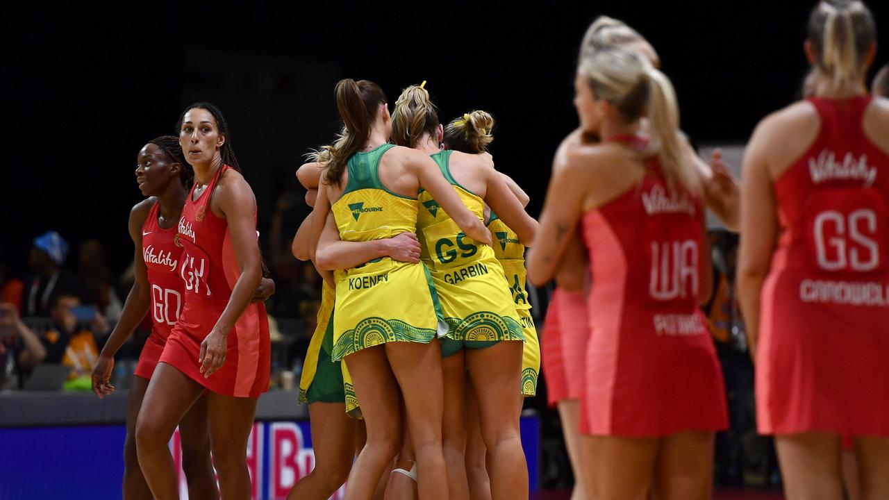 Australia celebrates winning during the 2023 Netball World Cup final against England. Picture: Ashley Vlotman