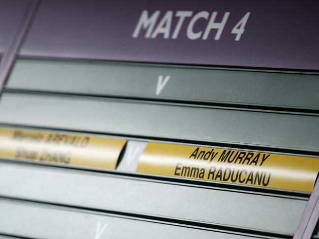 The names of Andy Murray of Great Britain and Emma Raducanu of Great Britain are seen on the order of play board during day six of The Championships Wimbledon 2024. Picture: Adam Pretty/Getty Images.