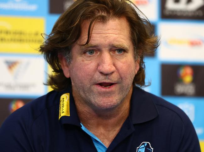 GOLD COAST, AUSTRALIA - MARCH 30: Des Hasler head coach of the Titans speaks to the media during the round four NRL match between Gold Coast Titans and Dolphins at Cbus Super Stadium, on March 30, 2024, in Gold Coast, Australia. (Photo by Chris Hyde/Getty Images)