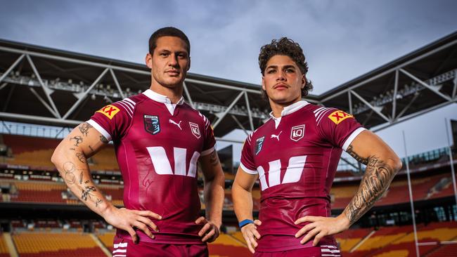 Queensland State of Origin players Kalyn Ponga and Reece Walsh at Suncorp Stadium ahead of the decider. Picture: Nigel Hallett