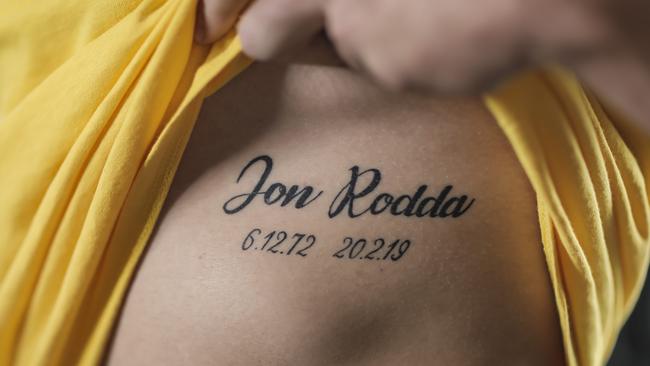 Reds captain Izack Rodda has his father’s name tattoed on his left side. Picture: Mark Cranitch.