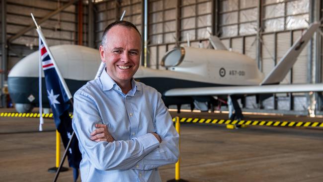 Jake Campbell, director strategy, air and space Northrop Grumman Australia in front of the MQ 4C Triton at RAAF Base Tindal. Picture: Pema Tamang Pakhrin