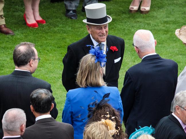 Prince Philip, Duke of Edinburgh greets guests at a garden party at Buckingham Palace on May 16, 2017 in London, England. Picture: Getty