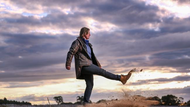 Western Victoria Green Drought. Farmer Kathryn Robertson with dryer than usual soil, on her property near Hamilton in Western Victoria. Picture: Alex Coppel