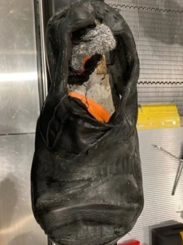 A photo of Mr Gow’s shoe and sock is seen in ruins after the incident.
