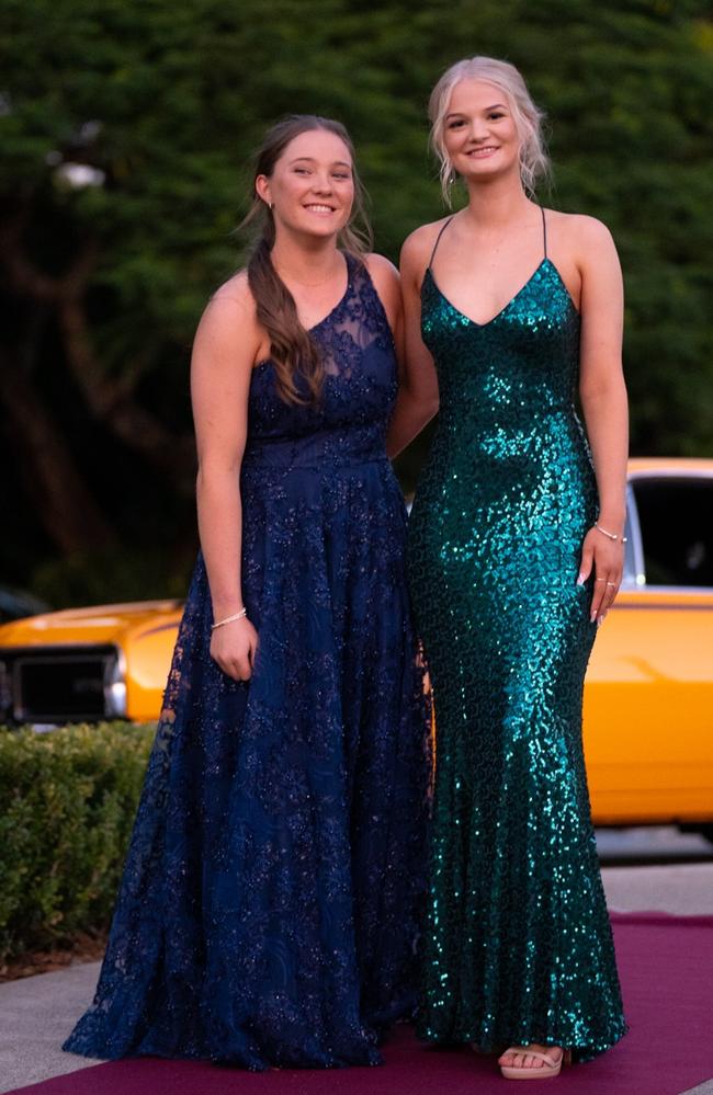 Amelia Garner and Hayley Schmidt, graduating class of 2023, arrive at St Patrick’s Formal on Friday, May 5, 2023. Gympie, Queensland. Picture: Christine Schindler