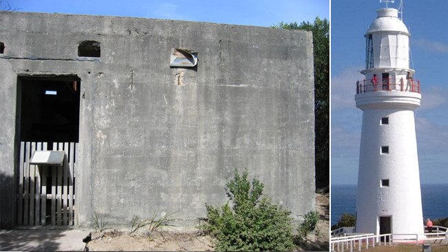 A Travel Victoria image of the disused Cape Otway bunker and, right, the lighthouse.