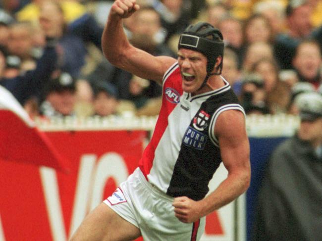 26 May 2001. St Kilda's Nathan Burke celebrates a goal during the match vs Collingwood at the MCG. sport AFL action fist raised yelling