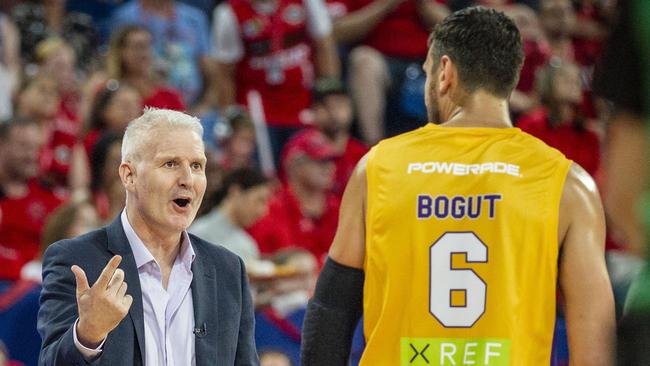 Coach Andrew Gaze with Kings star Andrew Bogut. Picture: AAP 