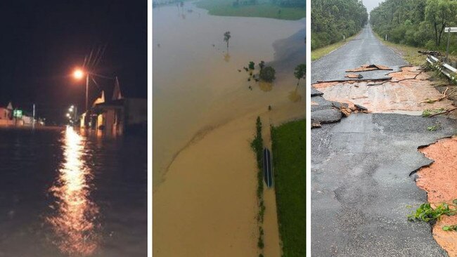 Roads closed and crumbling across the Clarence. From left: flooding at Ulmurra on Tuesday morning (picture:Chelsey Graham) Water over Rushworth Road heading into Coutts crossing (picture: Sharn Domatas) and badly damaged Rocky Creek Bridge on Coaldale Road (Picture: Jaiden Mannell)