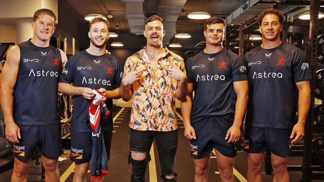 Roosters fan and WWE wrestling star Grayson Waller meeting Sydney Roosters players Egan Butcher, Sam Walker, Blake Steep and Mark Nawaqanitawase during a visit home last year. Picture: Sam Ruttyn