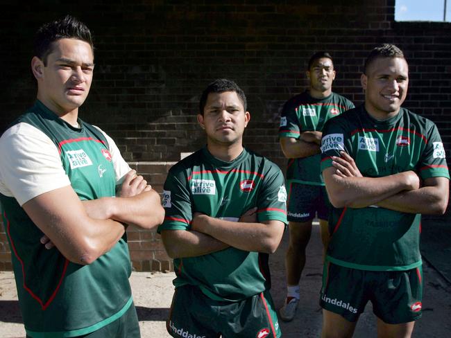 Yileen Gordon (R) pictures with other former Souths Juniors John Sutton, Mick Moran, and Manase Manuokafoa. Picture; Gregg Porteous