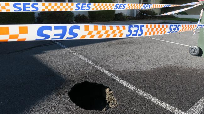 Victoria State Emergency Service crews were called to a sinkhole outside The Church of Jesus Christ of Latter-Day Saints, in Flora Hill at 10.10pm, Tuesday August 2. Picture: Zizi Averill