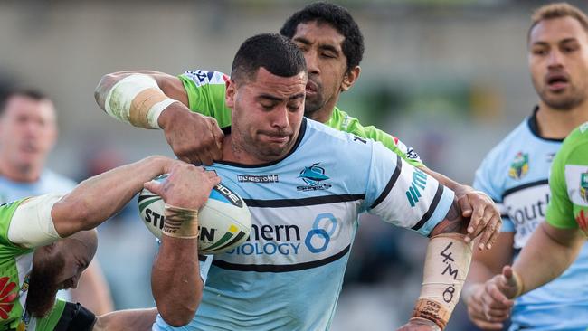 Andrew Fifita in action for the Sharks against Canberra earlier this month.