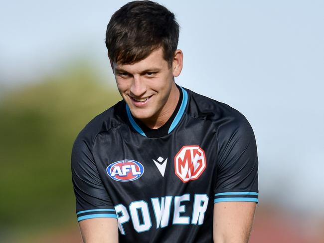 ADELAIDE, AUSTRALIA - MARCH 01:  Zak Butters of the Power during  warm ups of the 2024 AFL Community Series match between Port Adelaide Power and Fremantle Dockers at Alberton Oval on March 01, 2024 in Adelaide, Australia. (Photo by Mark Brake/Getty Images)