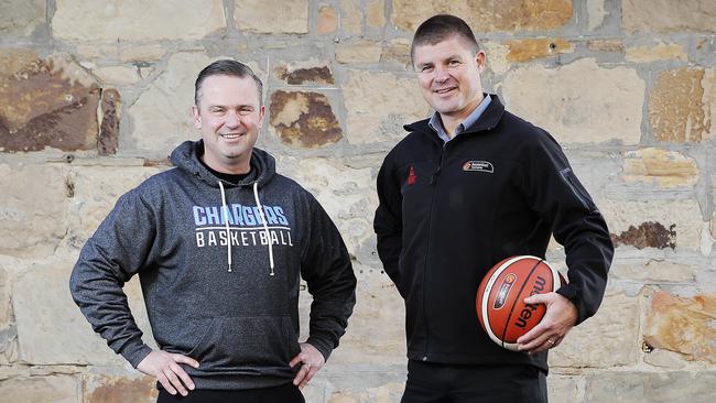 Chargers president David Bartlett and Basketball Tasmania chief executive Chris McCoy. Picture: ZAK SIMMONDS