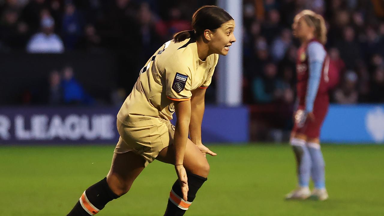WALSALL, ENGLAND – APRIL 02: Sam Kerr of Chelsea celebrates scoring the side's third goal during the FA Women's Super League match between Aston Villa and Chelsea at Poundland Bescot Stadium on April 02, 2023 in Walsall, England. (Photo by Nathan Stirk/Getty Images)