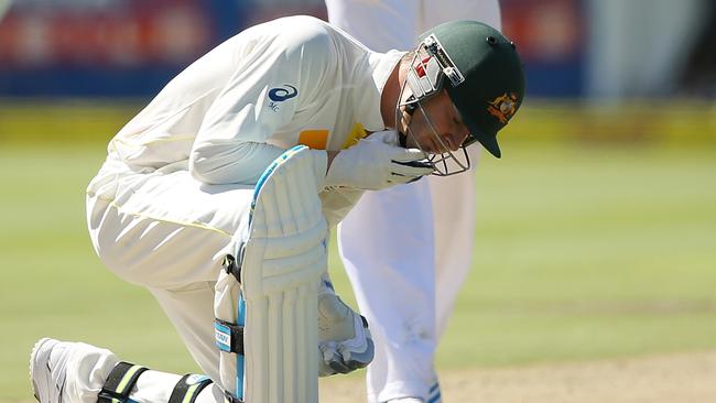 Michael Clarke got hit by a delivery from Morne Morkel of South Africa.