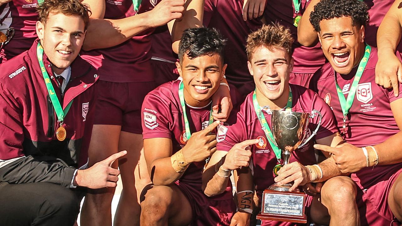 Queensland celebrate after winning the under 18 ASSRL schoolboys. Picture: Zak Simmonds