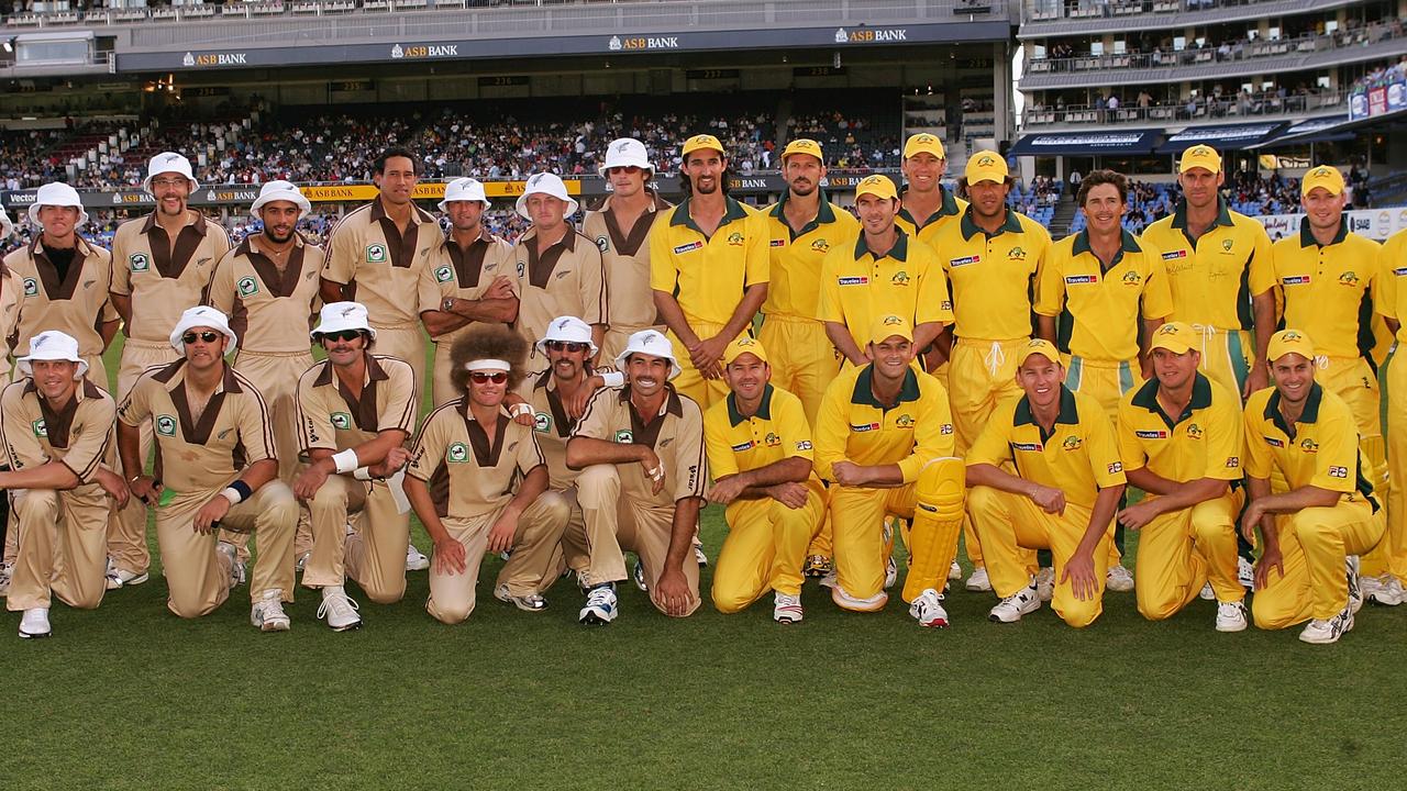 The New Zealand and Australian teams pose in their Retro 80s uniforms before their Twenty20 International Match at Eden Park on February 17, 2005. Photo: Getty Images